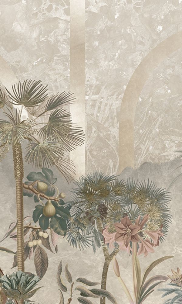 Silver & Green Trees & Flowers in Paradise Tropical Wallpaper Mural M1049