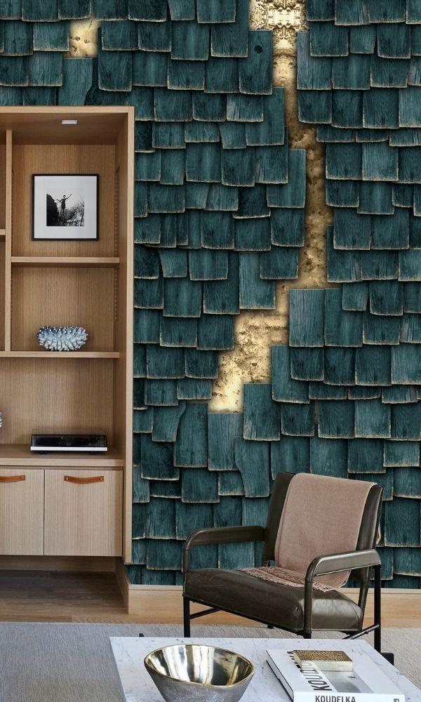 Teal Woodplanks Geometric Wall Mural M1055 - Sample