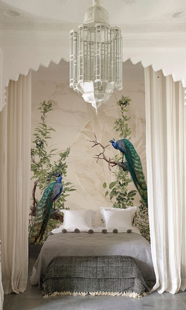 Beige Peacock Forest Tropical Wallpaper Mural M1067