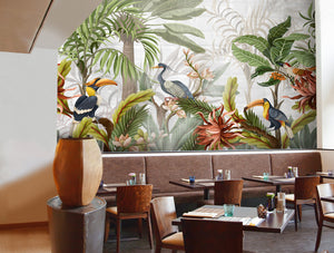 Multi-Color Tropical Birds and Leaves Wallpaper Mural M9969