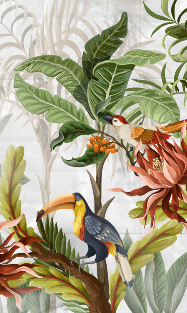 Multi-Color Tropical Birds and Leaves Wallpaper Mural M9969
