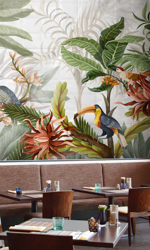 Multi-Color Tropical Birds and Leaves Wallpaper Mural M9969