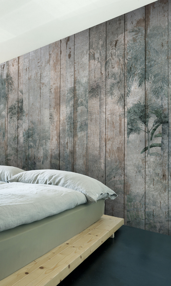 Wooden Panels With Tropical Leaves Wallpaper Mural M9973-Sample