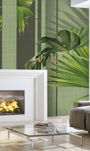 Light Grey And Green Minimalist Green Wood Panels With Leaves Wallpaper Mural M9977-Sample
