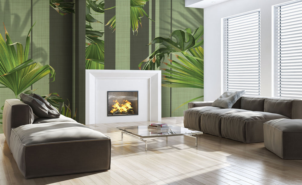 Light Grey And Green Minimalist Green Wood Panels With Leaves Wallpaper Mural M9977