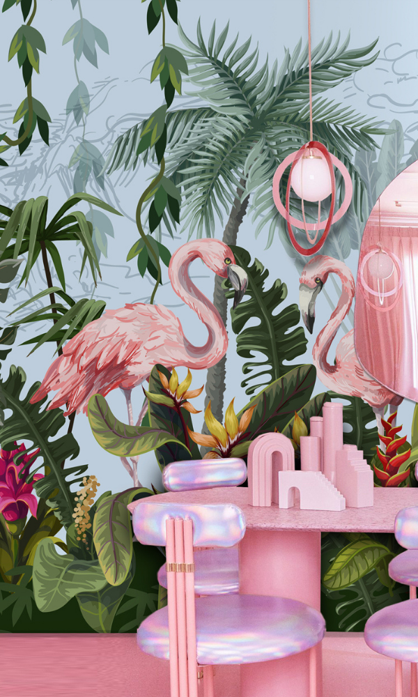 Pink Flamingos in Tropical Paradise Mural M9978-Sample