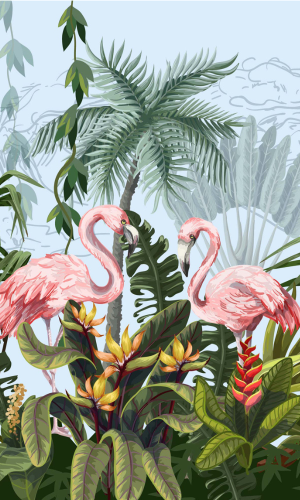 Pink Flamingos in Tropical Paradise Mural M9978