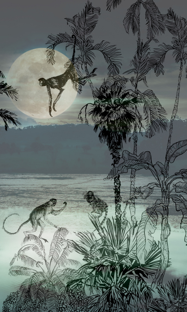 Midnight Grey Climbing Monkeys at Night Mural M9980