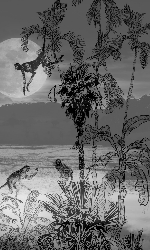 Black & White Climbing Monkeys at Night Mural M9981-Sample