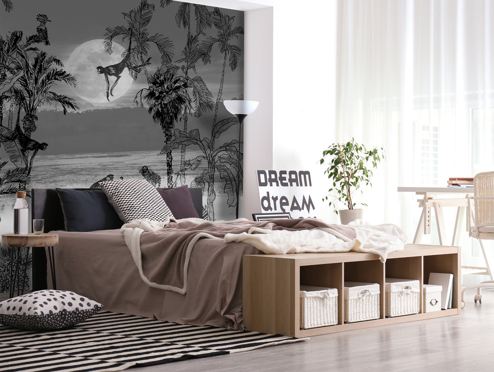 Black & White Climbing Monkeys at Night Wall Mural M9981