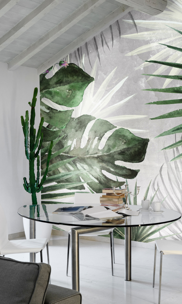 Silver and Green Bold Wall Art Tropical Leaves Wallpaper Mural M9984
