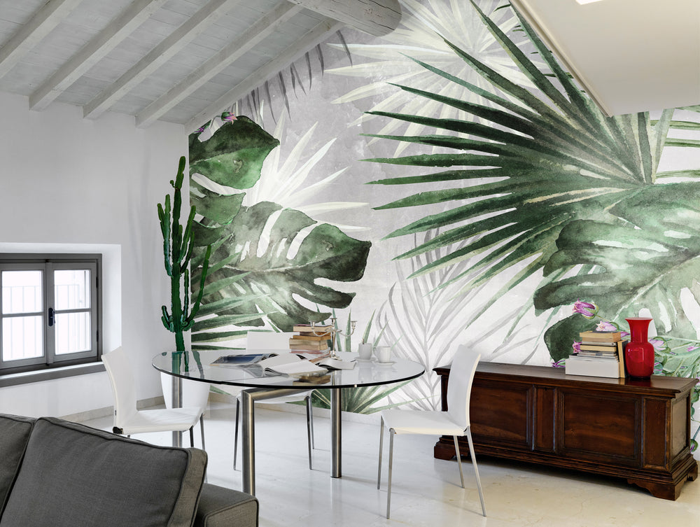 Silver and Green Bold Wall Art Tropical Leaves Wallpaper Mural M9984
