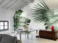 Silver and Green Bold Wall Art Tropical Leaves Wallpaper Mural M9984