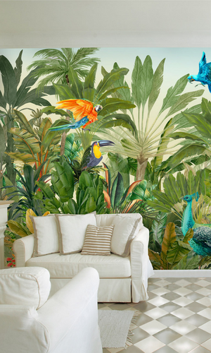 Green Tropical Summer Vibes With Birds Wallpaper Mural M9990-Sample