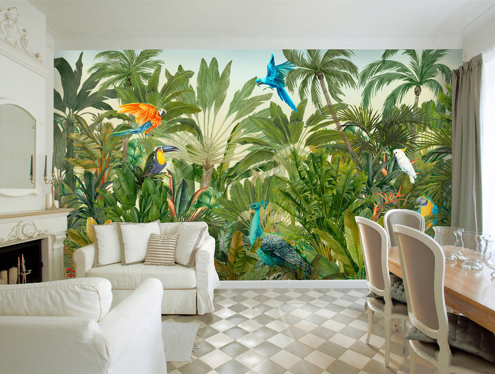 Green Tropical Summer Vibes With Birds Wallpaper Mural M9990