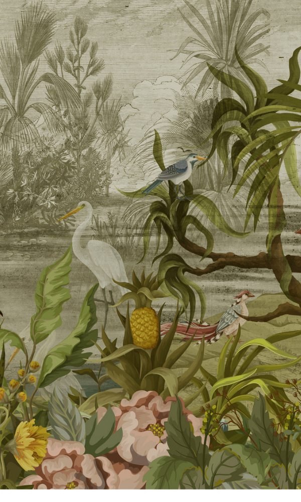Birds and Trees in Tropical Paradise Wallpaper Mural M9991