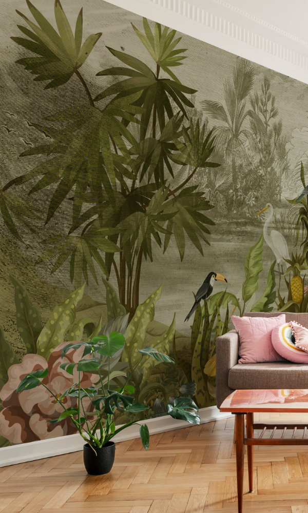 Birds and Trees in Tropical Paradise Wallpaper Mural M9991