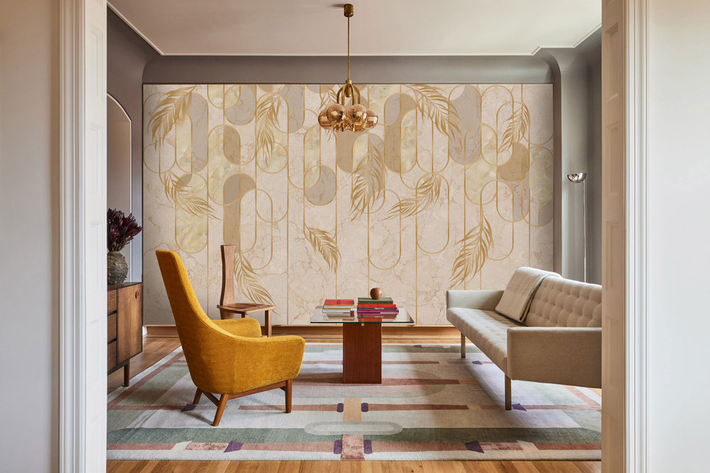 Yellow Geometric shapes and Tropical Leaves Mural Wallpaper M1128