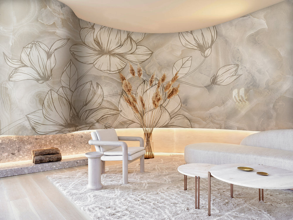 Beige Floral on Marble Wall Mural M9933