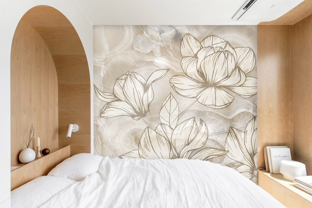 Beige Floral on Marble Wall Mural M9933