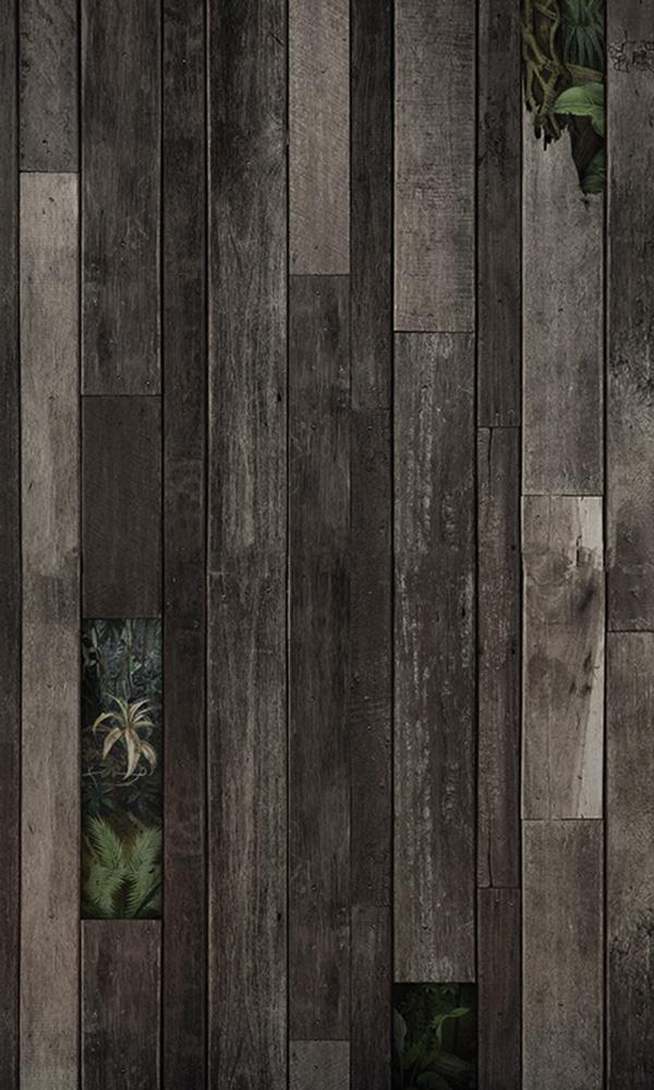 leaves through wood faux mural wallpaper