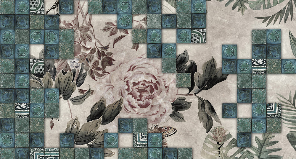 faux tile floral mural wallpaper