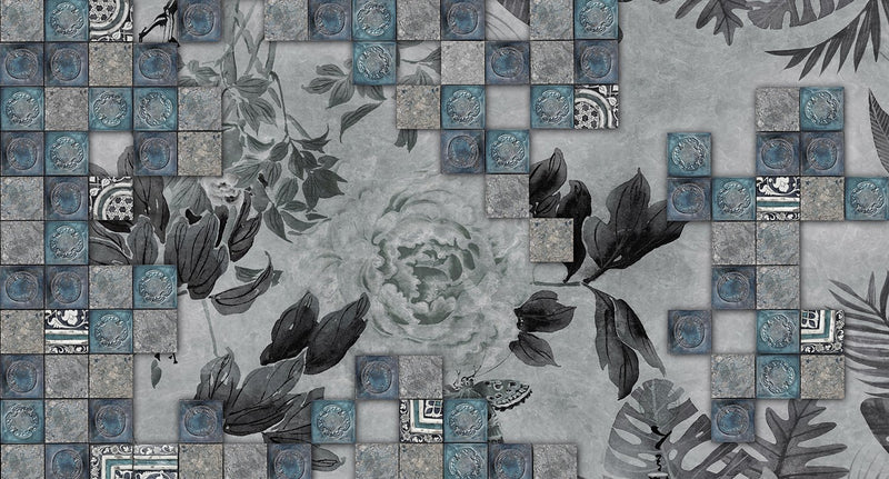 faux tile floral mural wallpaper