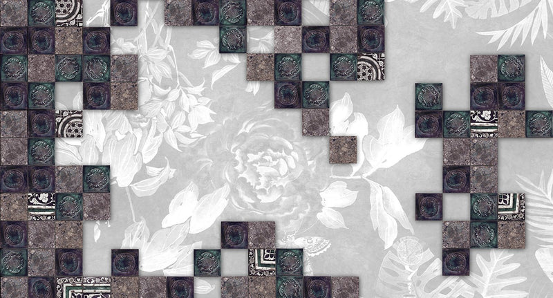 faux tile floral mural wallpaper