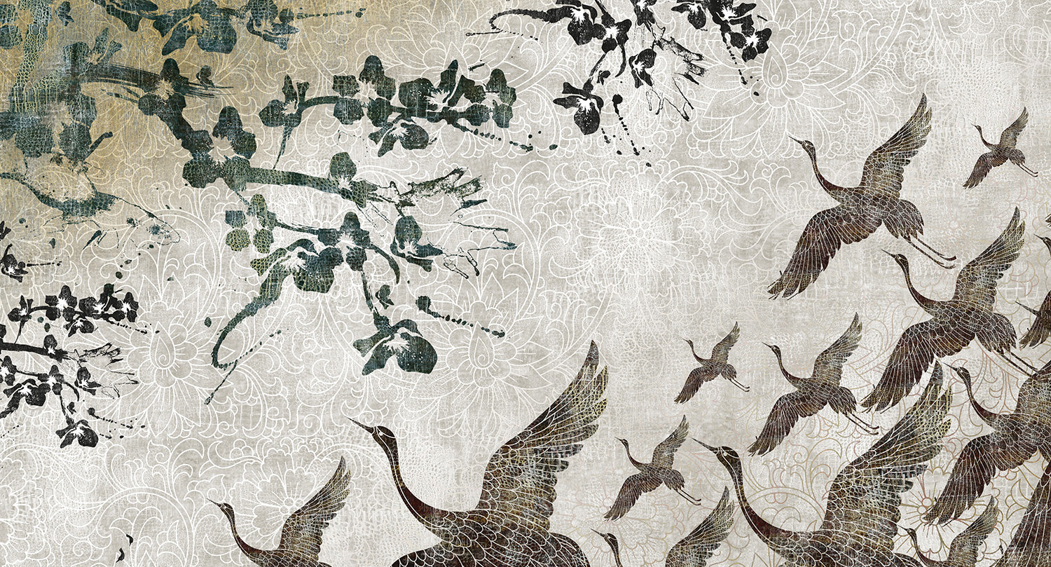 Grey Soaring Oriental Birds Wall Mural M9526 – Walls Republic US