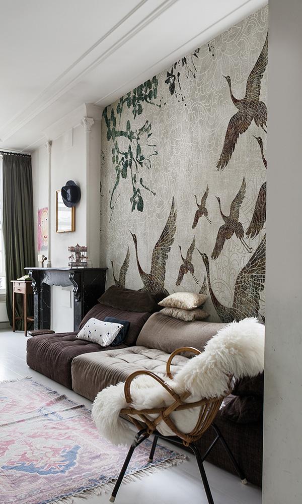 soaring oriental birds mural wallpaper