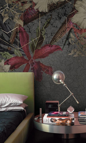 geometric floral on concrete mural wallpaper