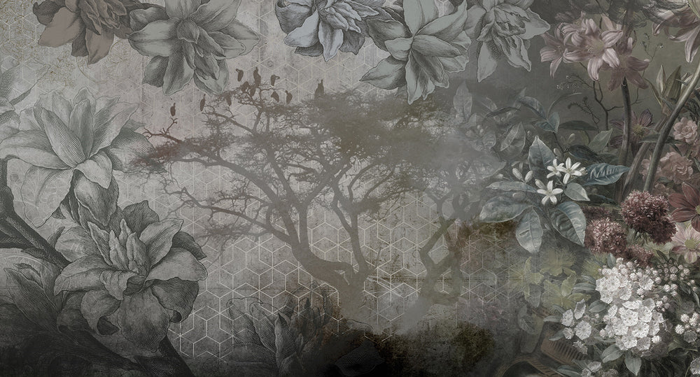 floral illustration on geometric mural wallpaper