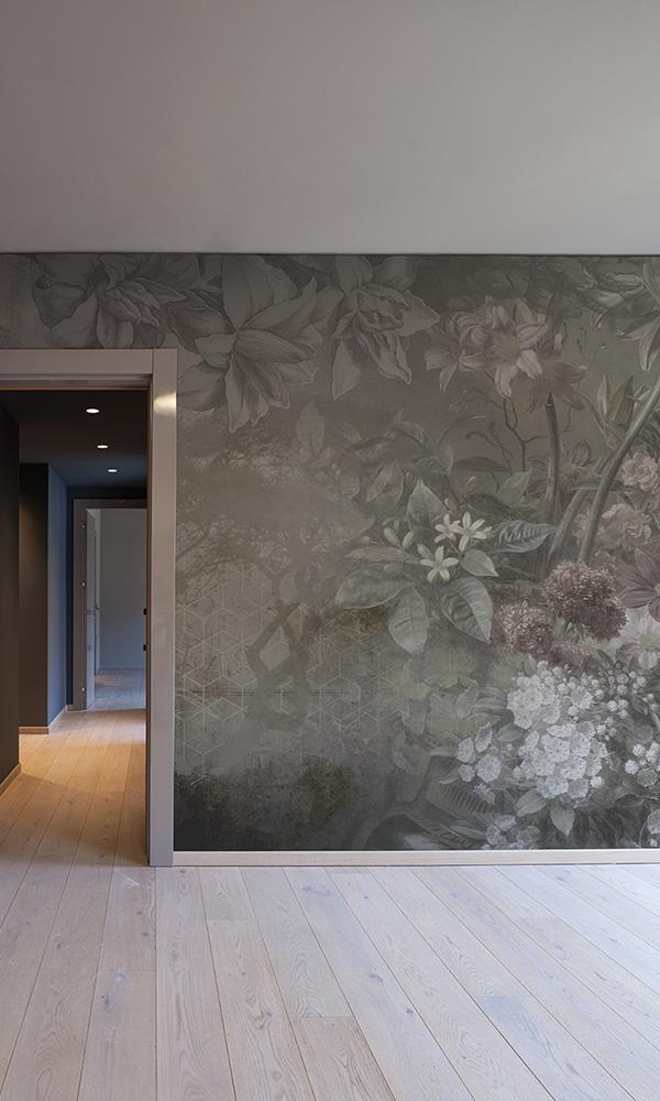 floral illustration on geometric mural wallpaper