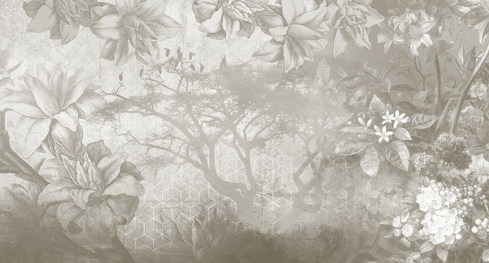 floral illustration on geometric mural wallpaper