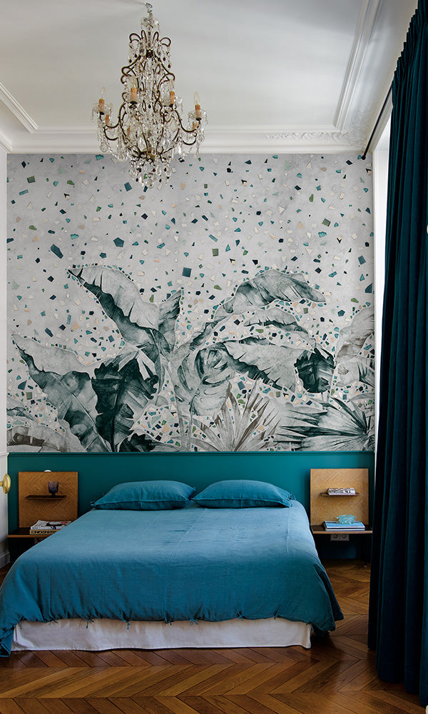 botanical terrazzo tropical bedroom wallpaper