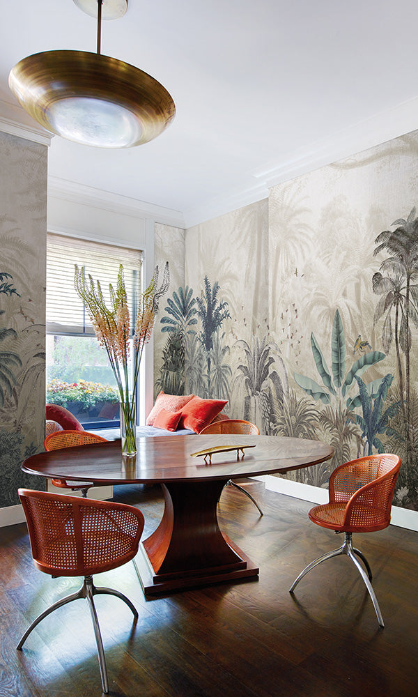 illustrated botanical tropical dining room wallpaper mural