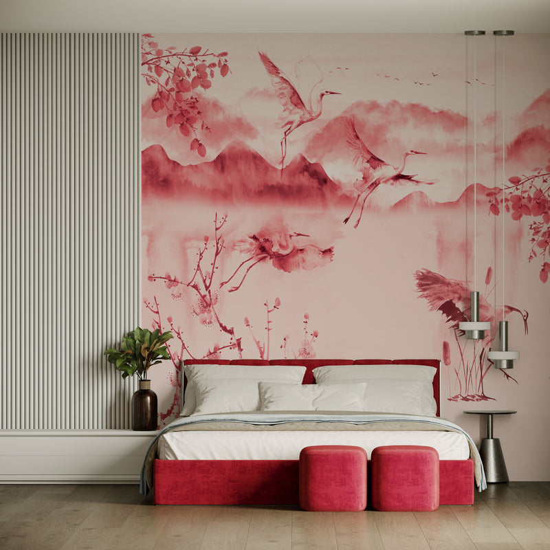 Pink Flying Storks in the Nature Mural Wallpaper M1129