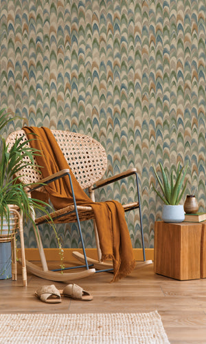 Multi-Color Peacock Feather Inspired Geometric Wallpaper R7601