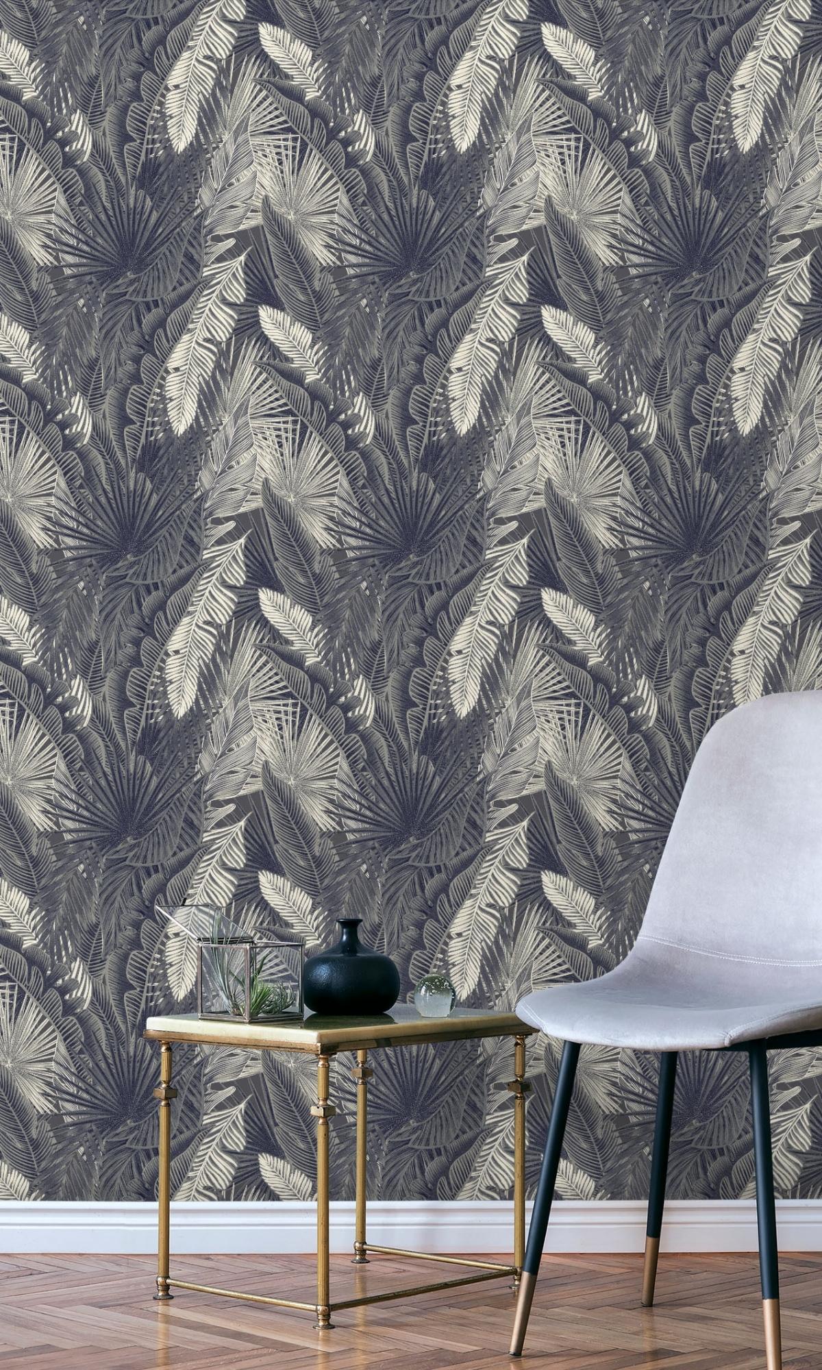 Dark Grey Bold Tropical Leaves Wallpaper R7907