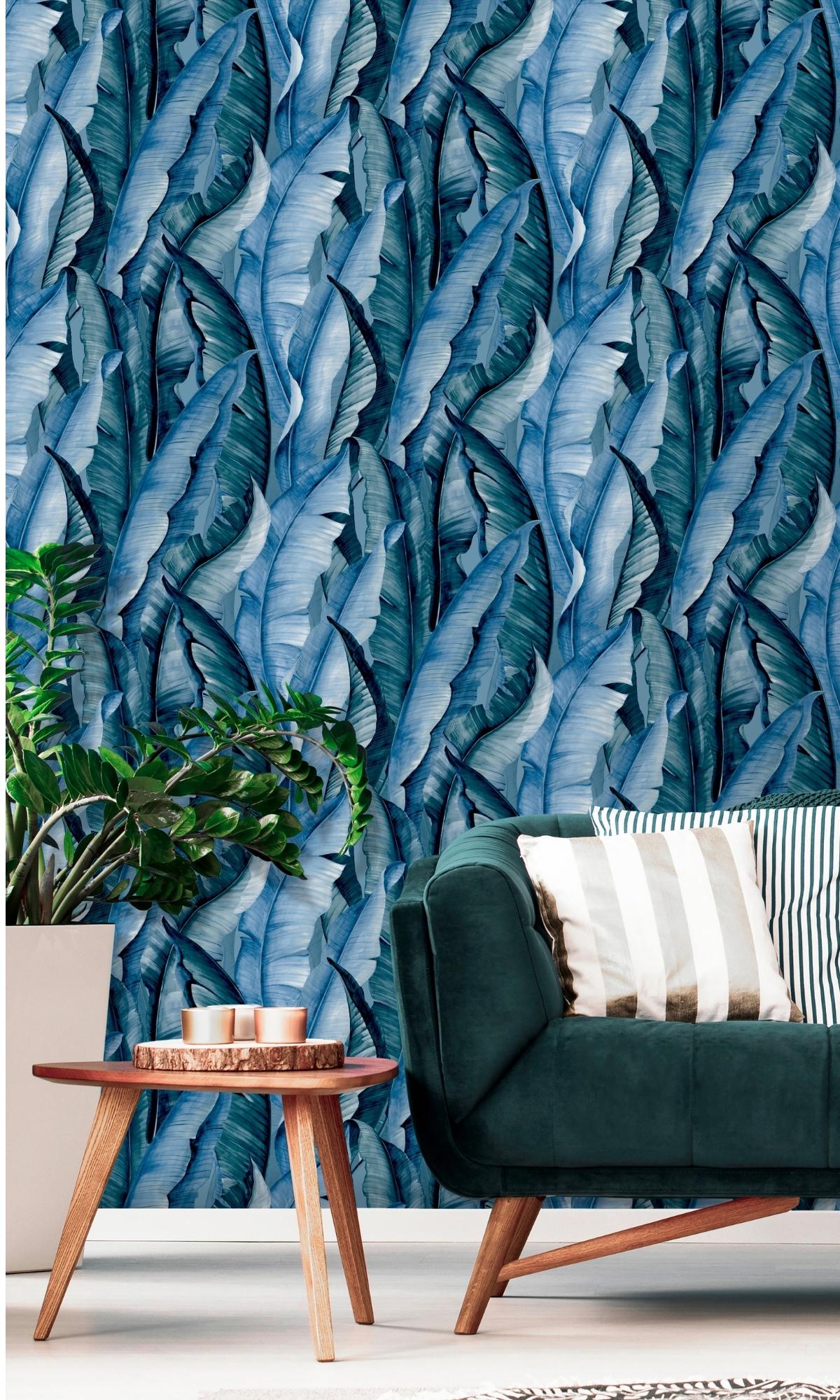 Turquoise Banana Leaves Tropical Wallpaper R7931
