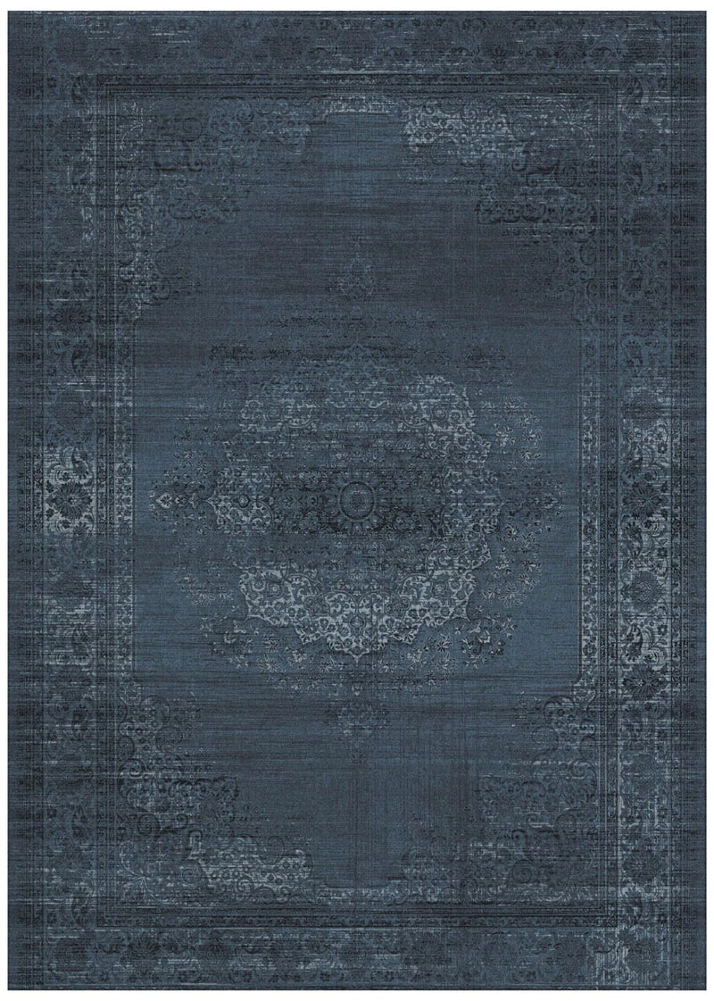 Navy Blue Floral Garden Design Traditional Machine Washable Rug
