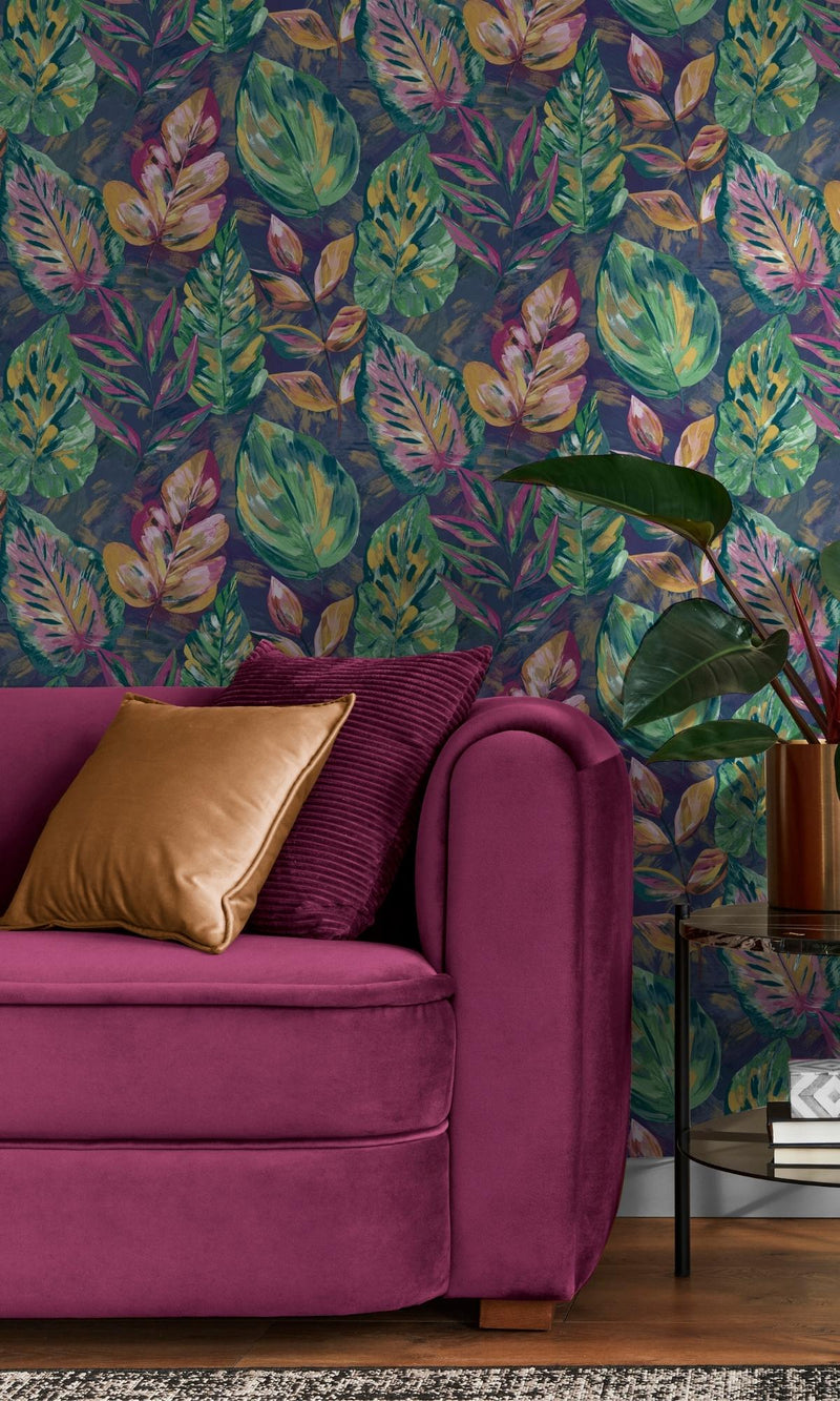 Navy & Pink Aralia Leaves Metallic Textured Botanical Wallpaper R7594