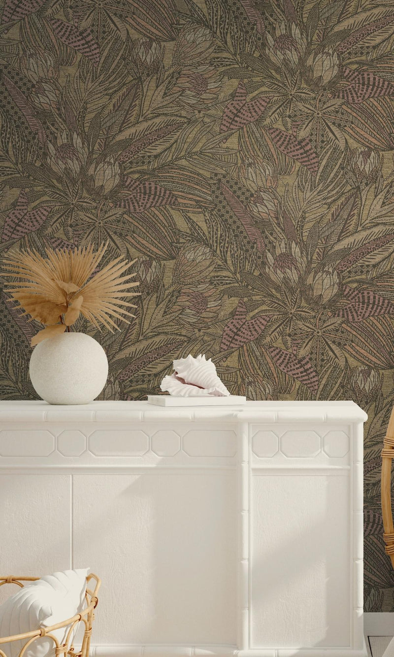 Ochre Bold Leaves and Protea Flowers Tropical Wallpaper R7684