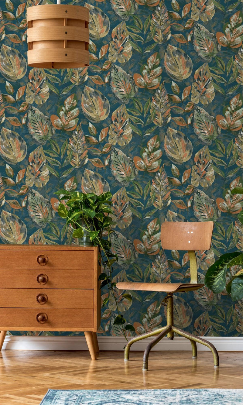 Teal & Orange Aralia Leaves Metallic Textured Botanical Wallpaper R7596