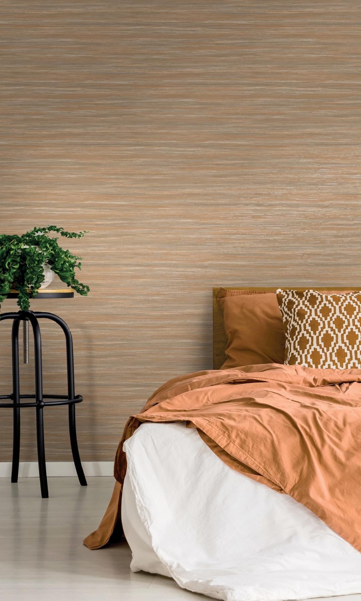 Beige & Orange Plain Grasscloth-like Textured Metallic Wallpaper R7619