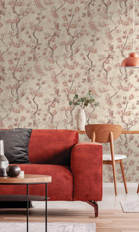 Taupe & Red Wild Blossoming Tree Tropical Wallpaper R7623