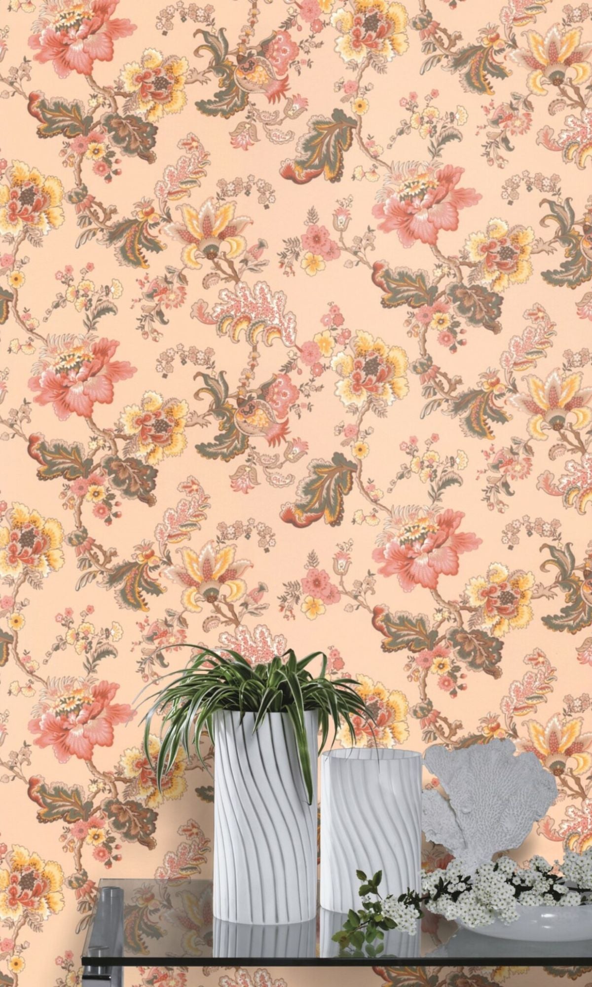 Pink Hand Painted Fantasy Floral Blossoms Wallpaper R7876