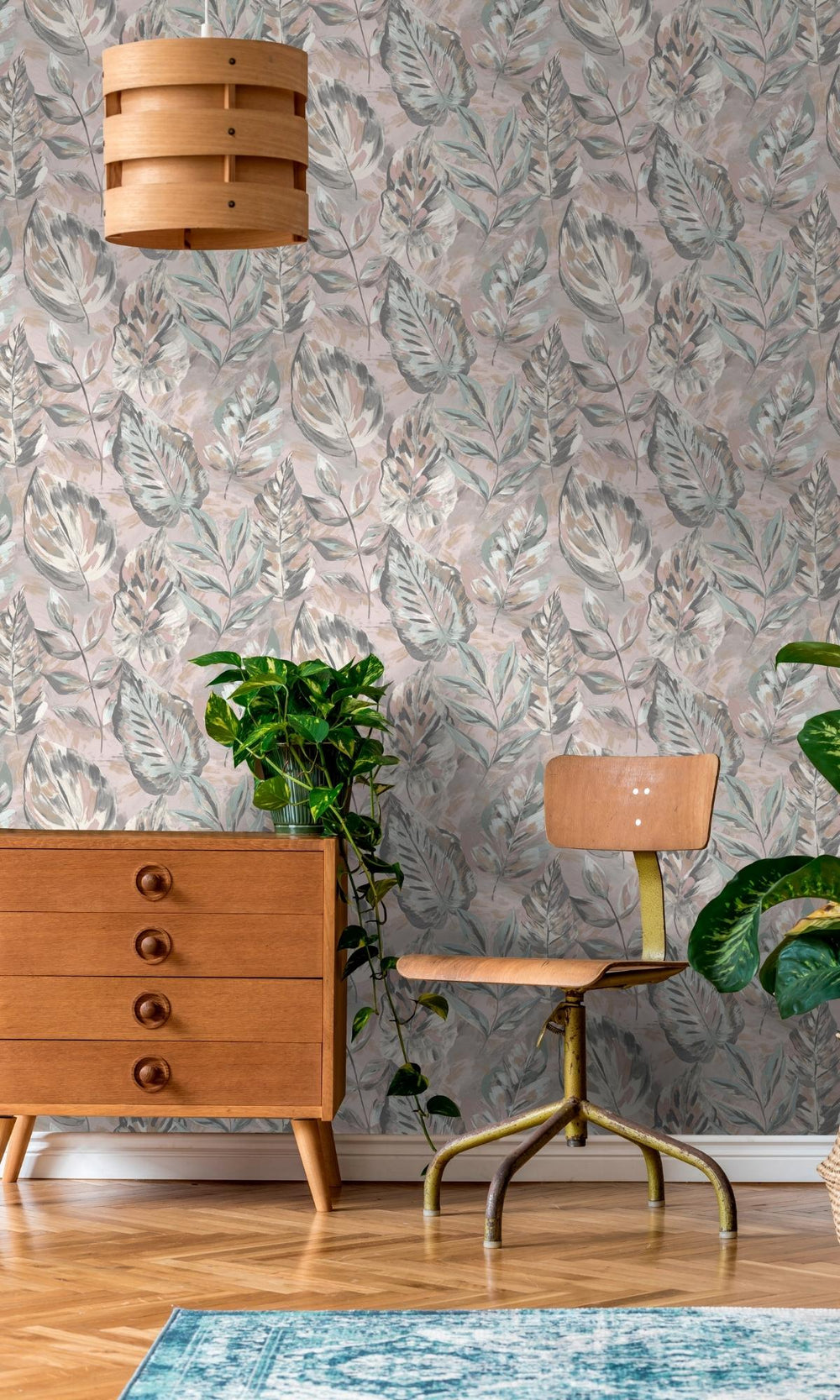 Pink Aralia Leaves Metallic Textured Botanical Wallpaper R7595