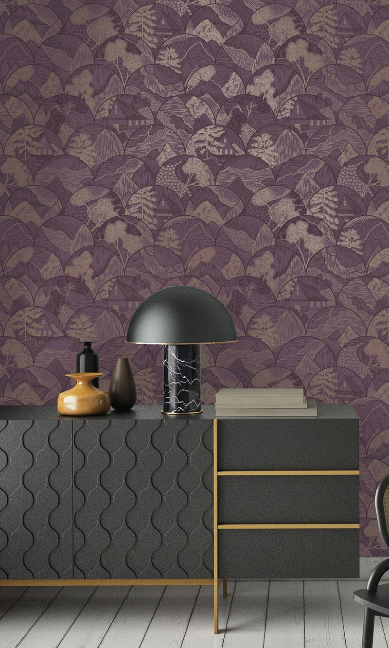 Plum Tropical Oriental Metallic Wallpaper R7708
