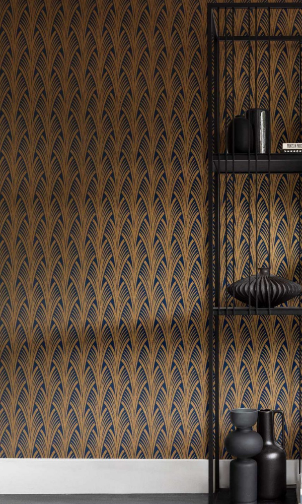 Midnight Blue & Copper Leaf Like Architectural Wallpaper R7377
